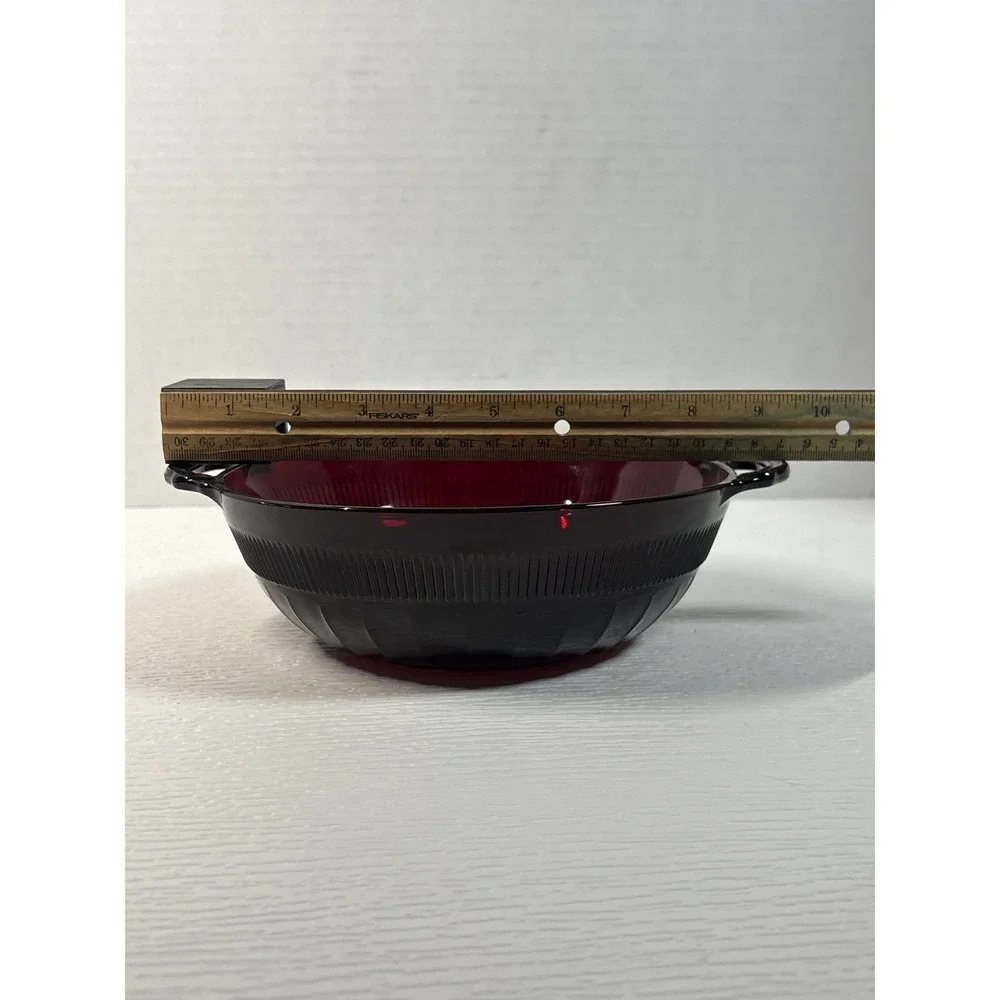 Vintage Ruby Red Glass Ribbed Serving Bowl with Handles Starburst 8.25in S0155